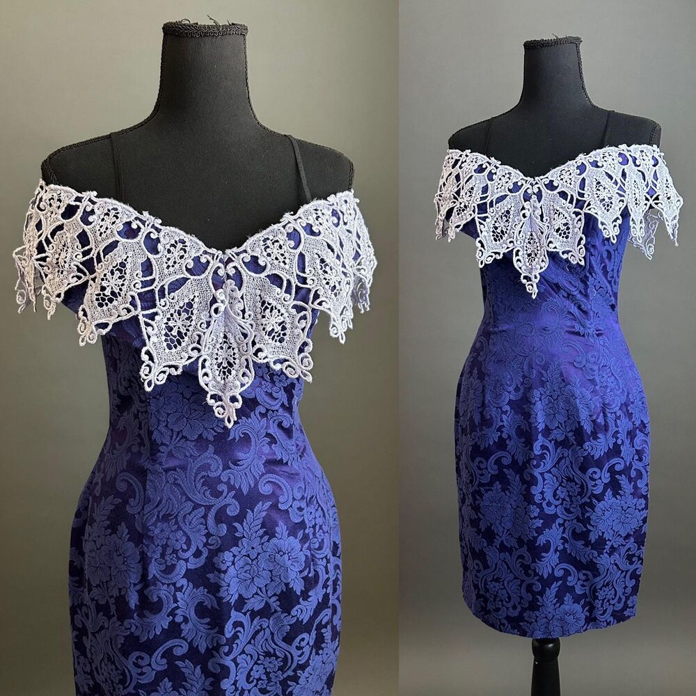 Vintage 1990s Purple Brocade Off the Shoulder Party Dress, Small